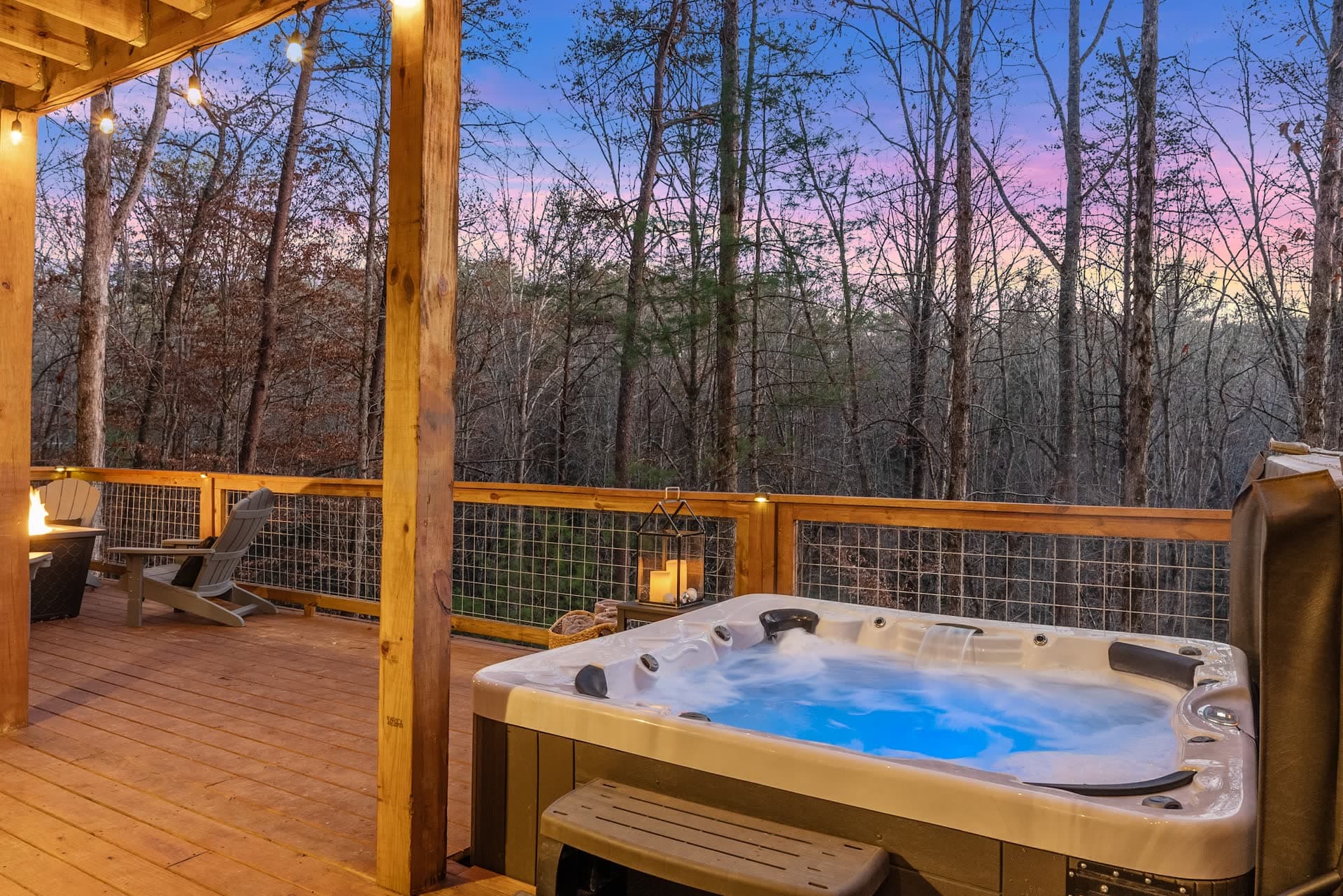 6-person private hot tub at twilight — Reserve at Fireside vacation rental Dahlonega